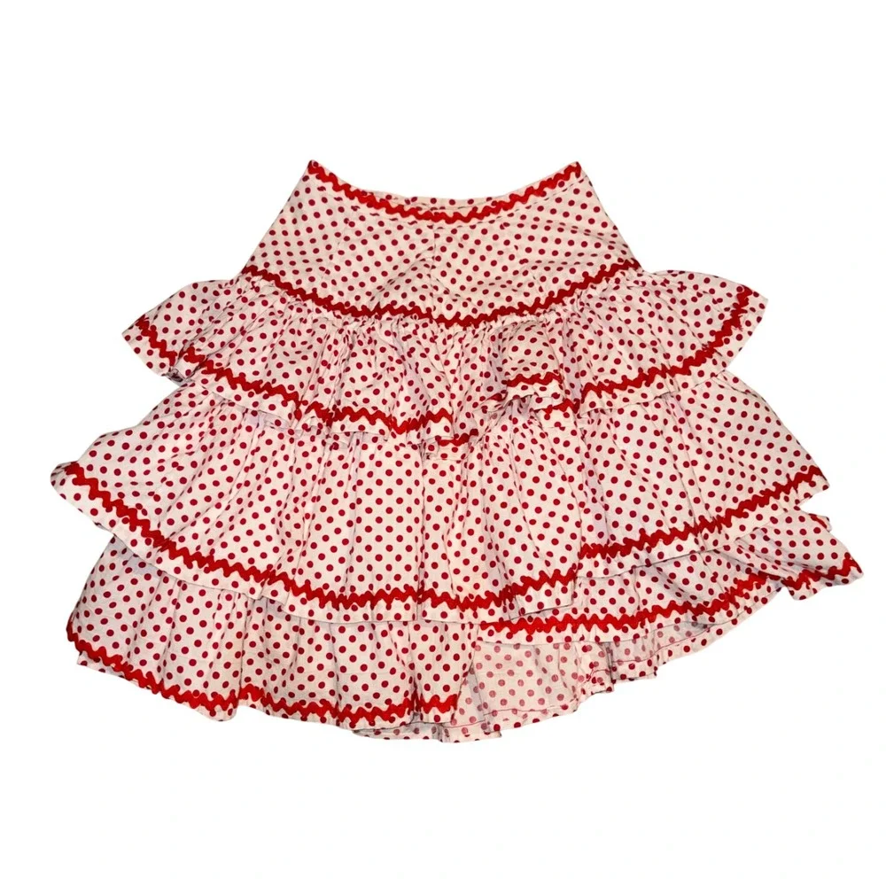 Vintage Kids Red Polka Dot Tiered Ruffle Skirt Ric Rac Trim Costume Retro